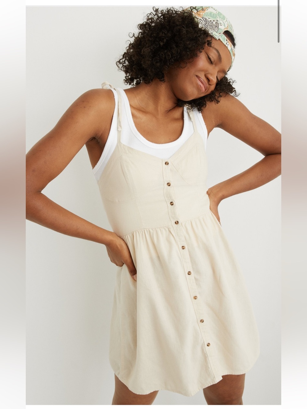 Aerie Cream Beige Tank Linen Blend Day Dress Casual Large